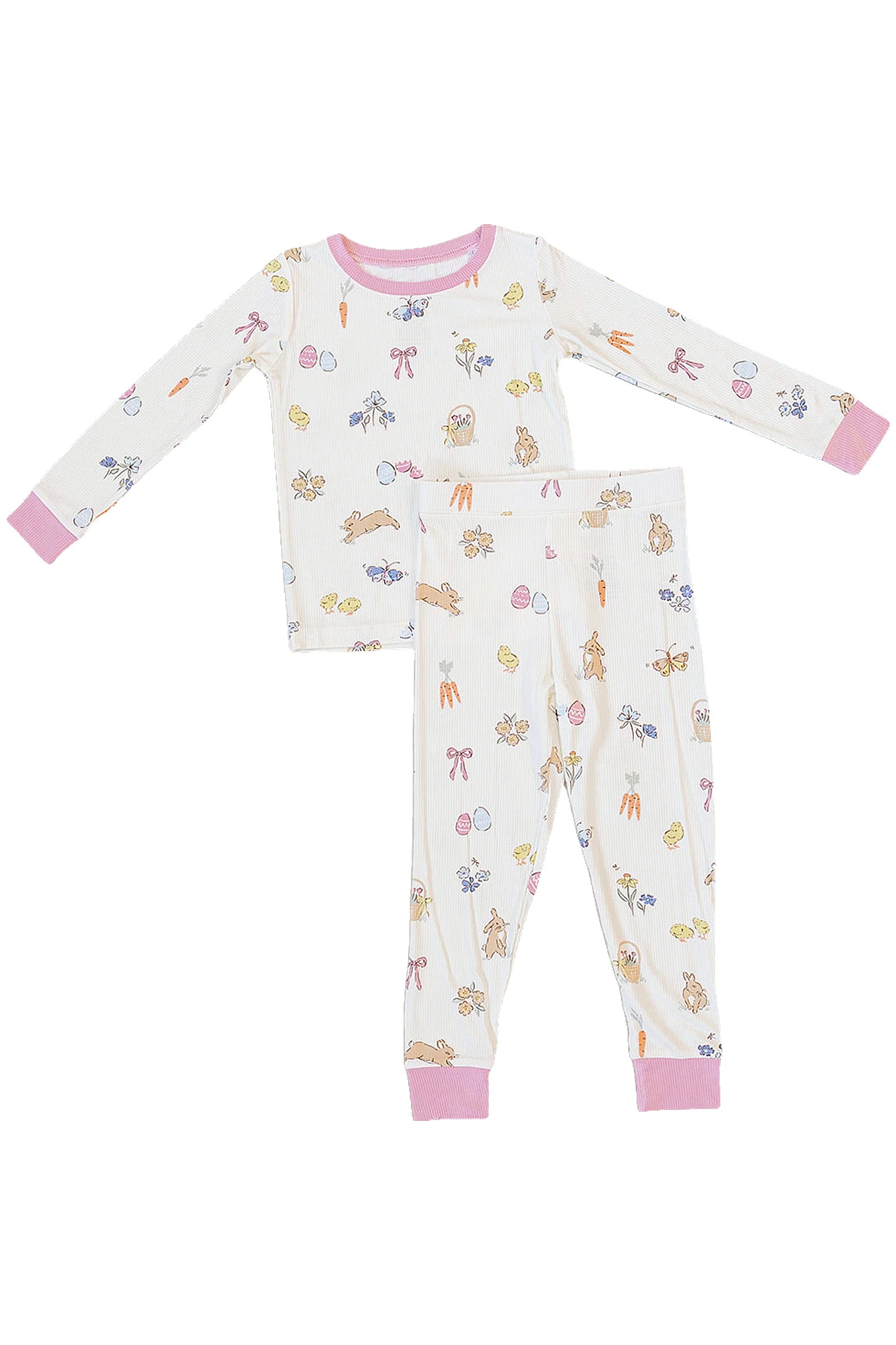 Pink Bunny Ribbed Bamboo Cozy Pajama Set for Girls, Sizes 2T-10 - Image 2