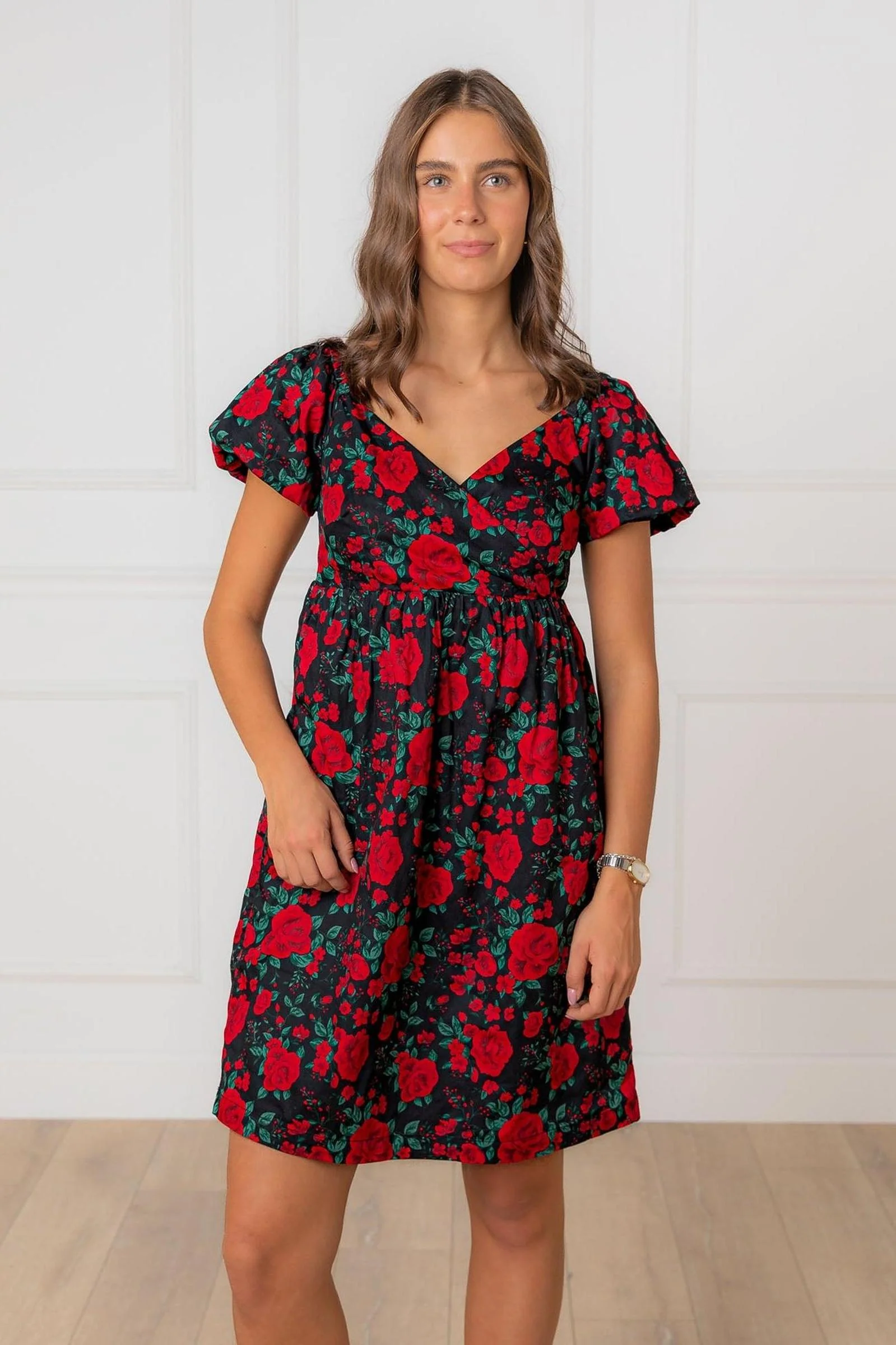 Organic Cotton Puff Sleeve Crossover Dress, Black Holiday Rose, Women, Family Matching Outfits - Image 3