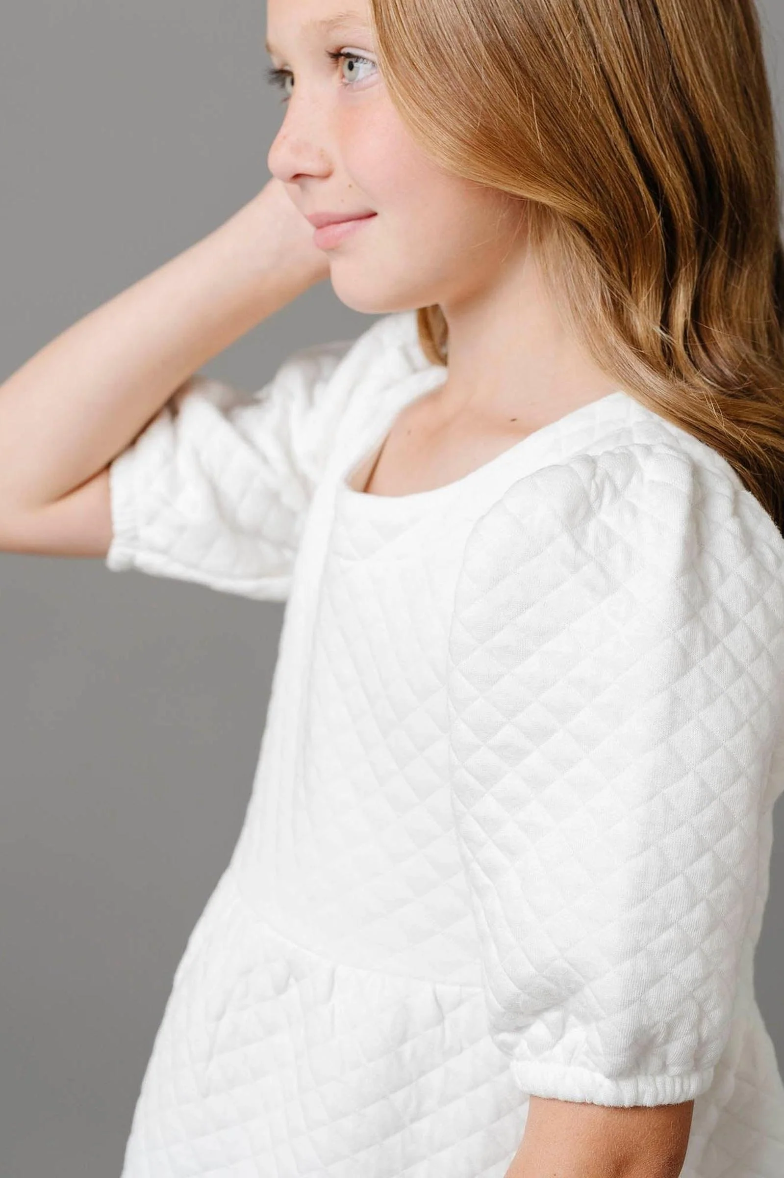 Organic Cotton Quilted Puff Sleeve Dress, Soft White, Toddler & Kids - Image 4