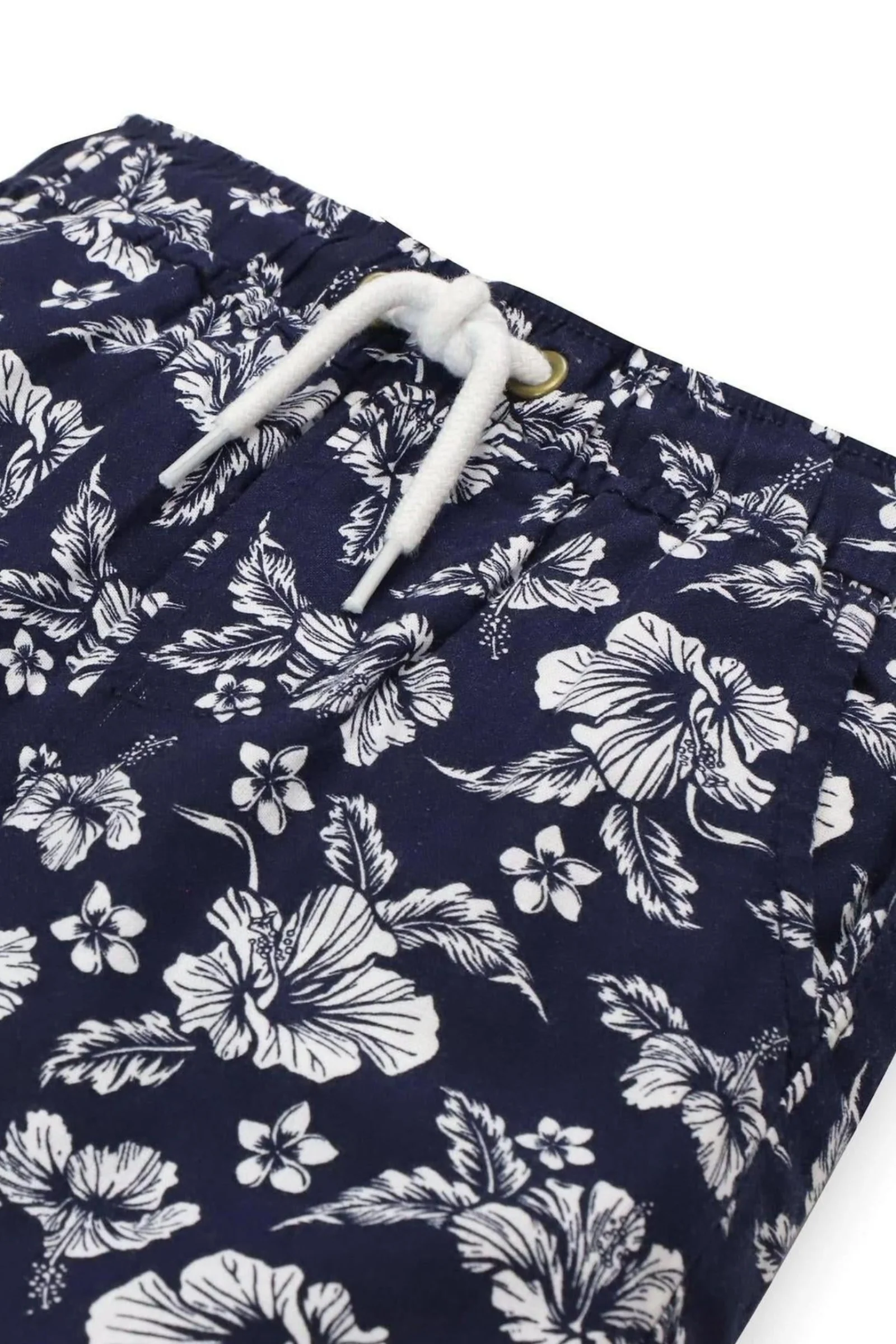 Relaxed Linen Pull-On Shorts for Baby Boys, Navy Hibiscus - Image 3