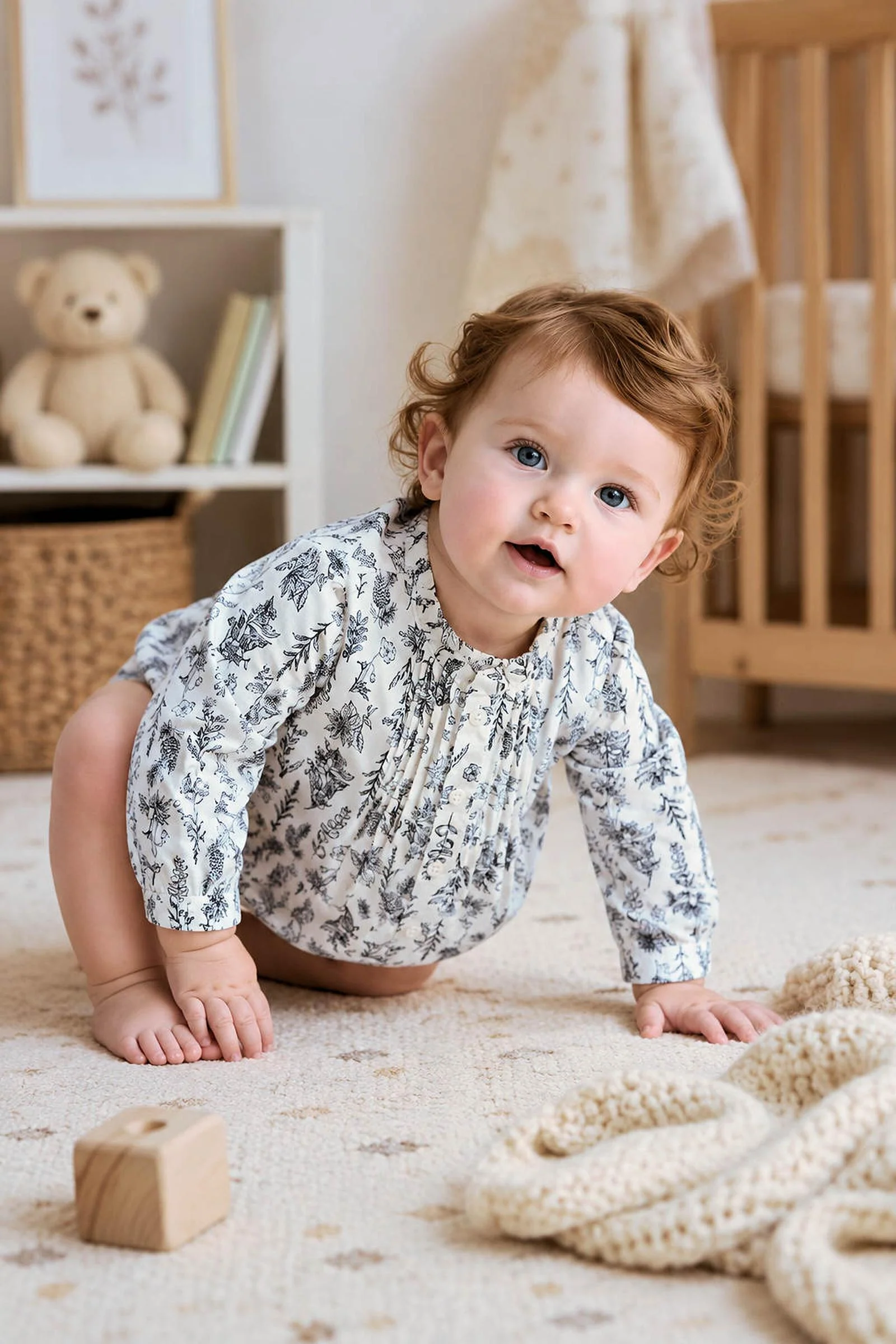 Organic Cotton Ruffle Collar Blouse with Pintuck Details, Black Winter Botanical, Baby