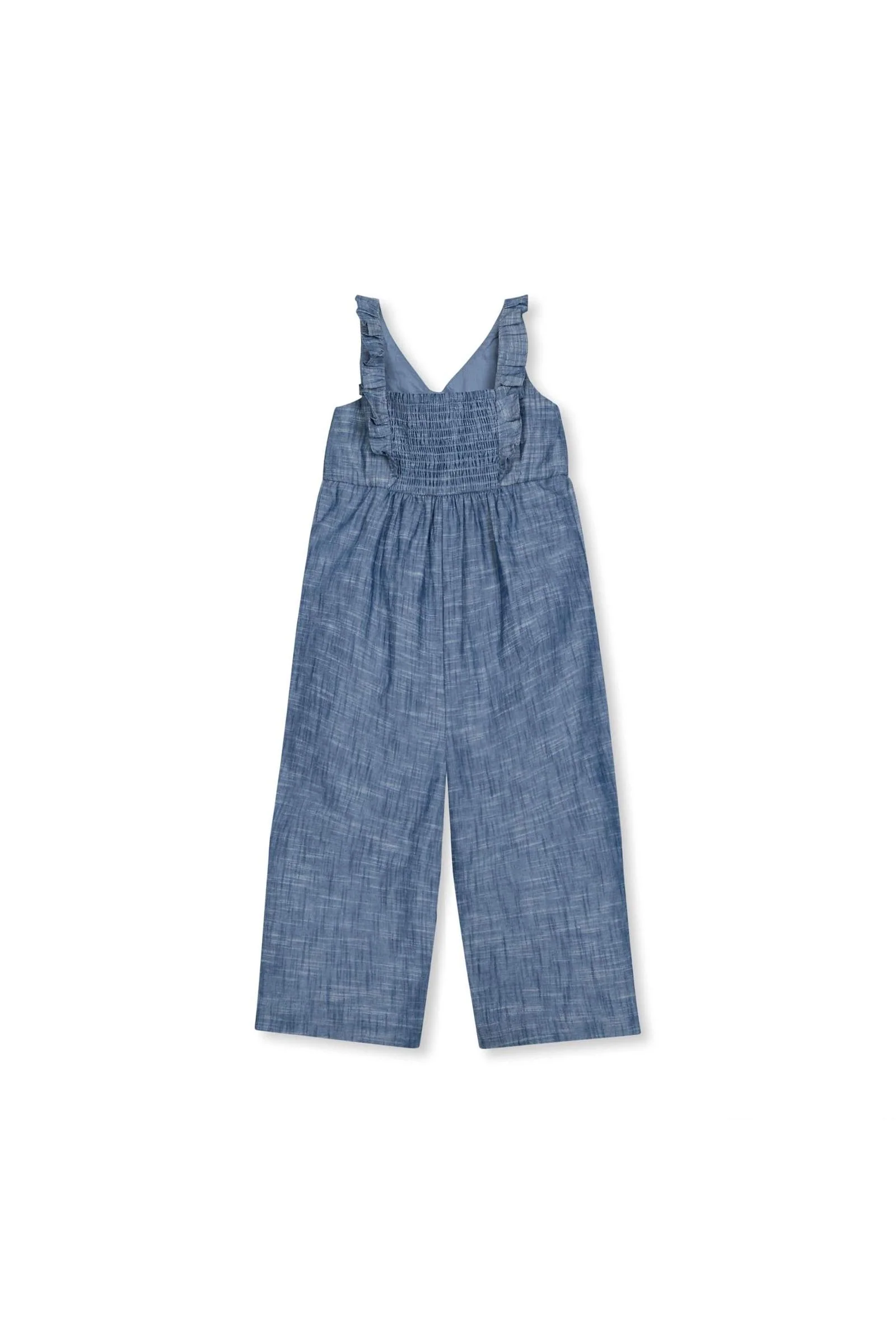 Girl Ruffle Neck Organic Cotton Jumpsuit, Chambray, Toddler & Kids - Image 7
