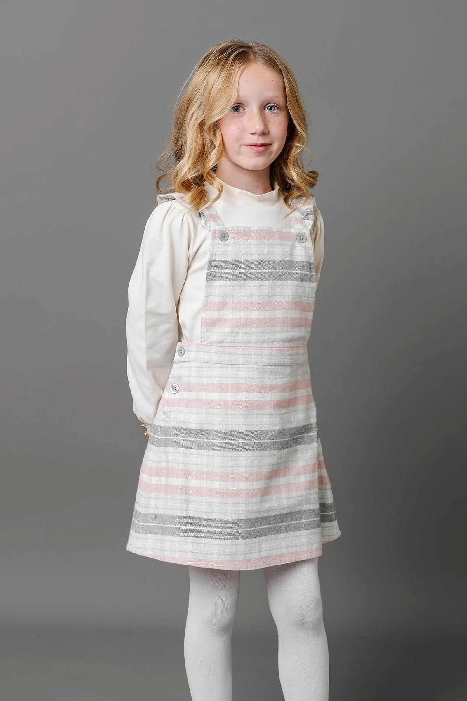 Organic Cotton Ruffle Strap Overall Skirt, Gray & Rose Plaid, Toddler & Kids