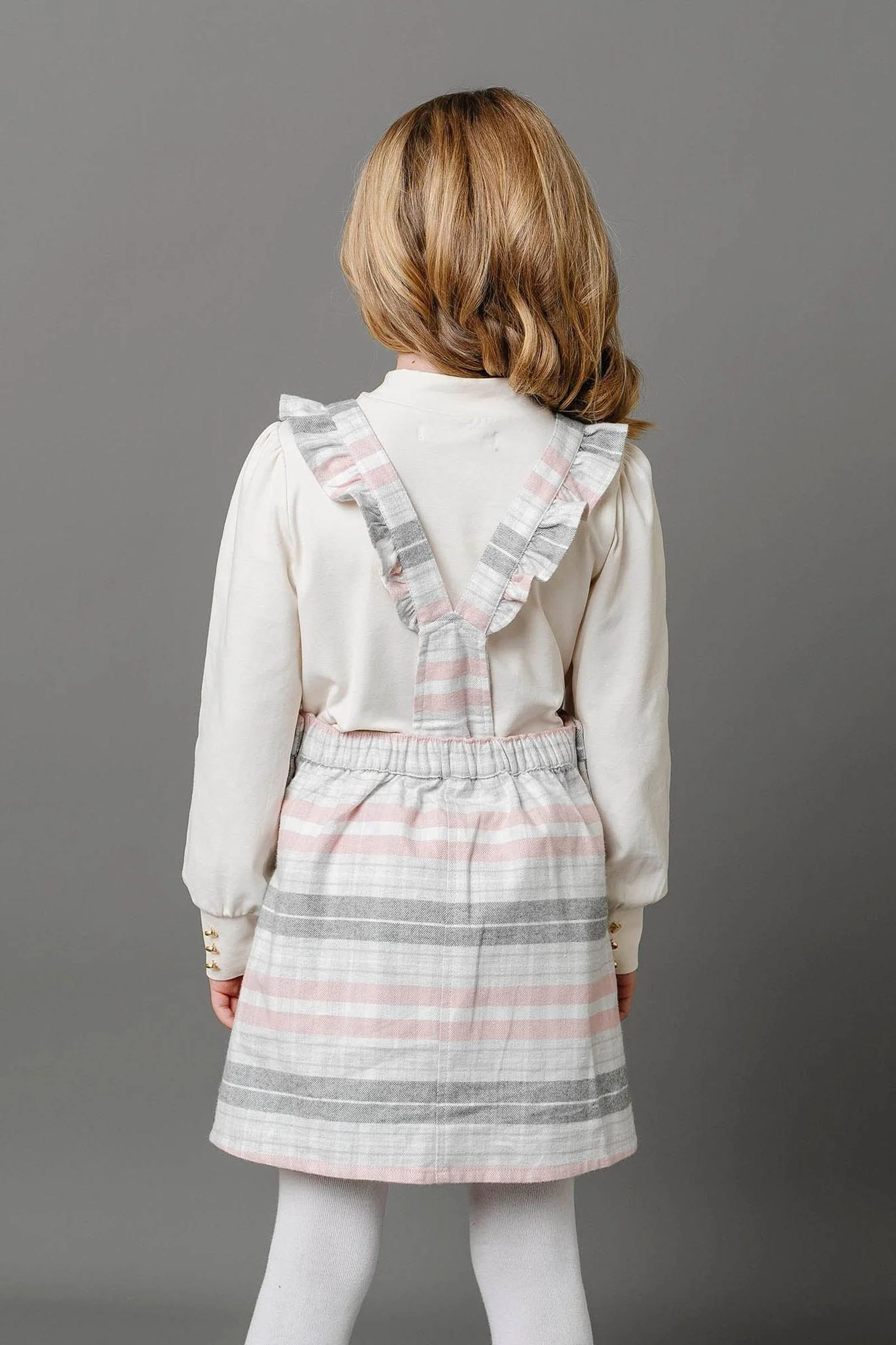 Organic Cotton Ruffle Strap Overall Skirt, Gray & Rose Plaid, Toddler & Kids - Image 4