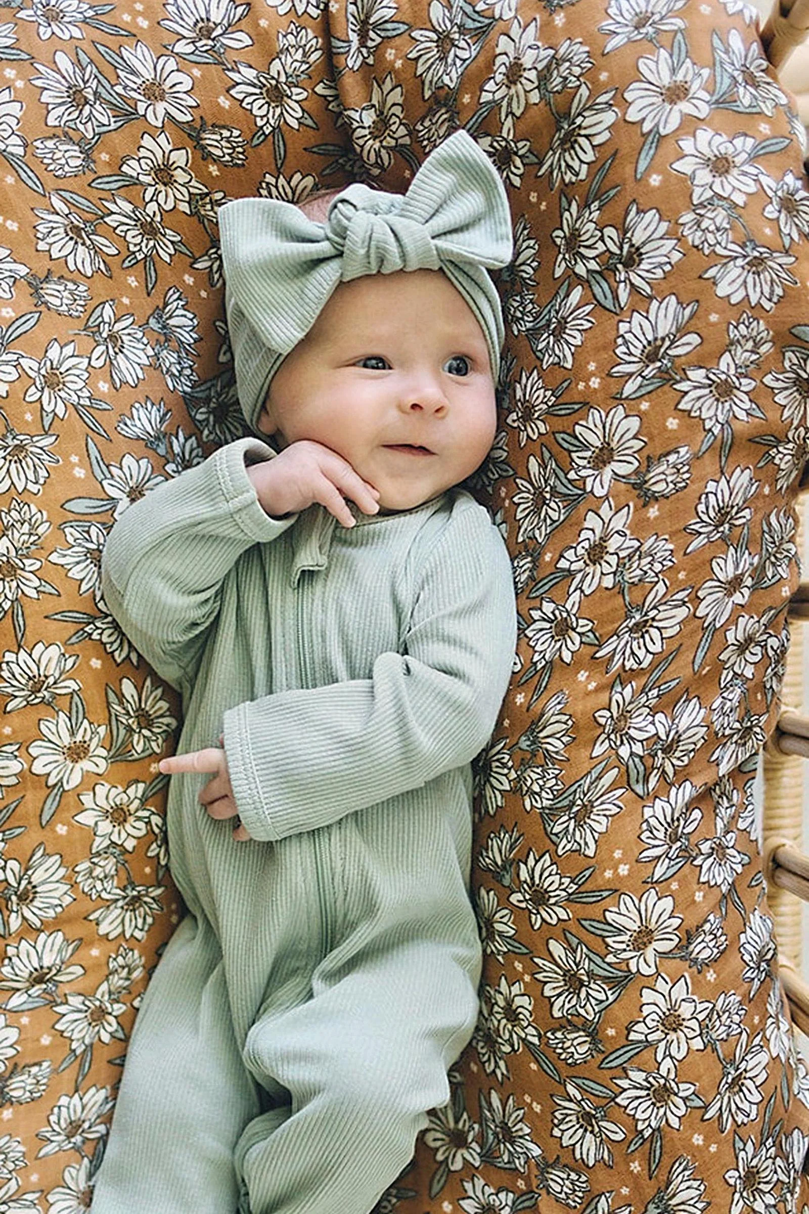 Baby Girl Sage Ribbed Head Wrap, Organic Cotton, Baby