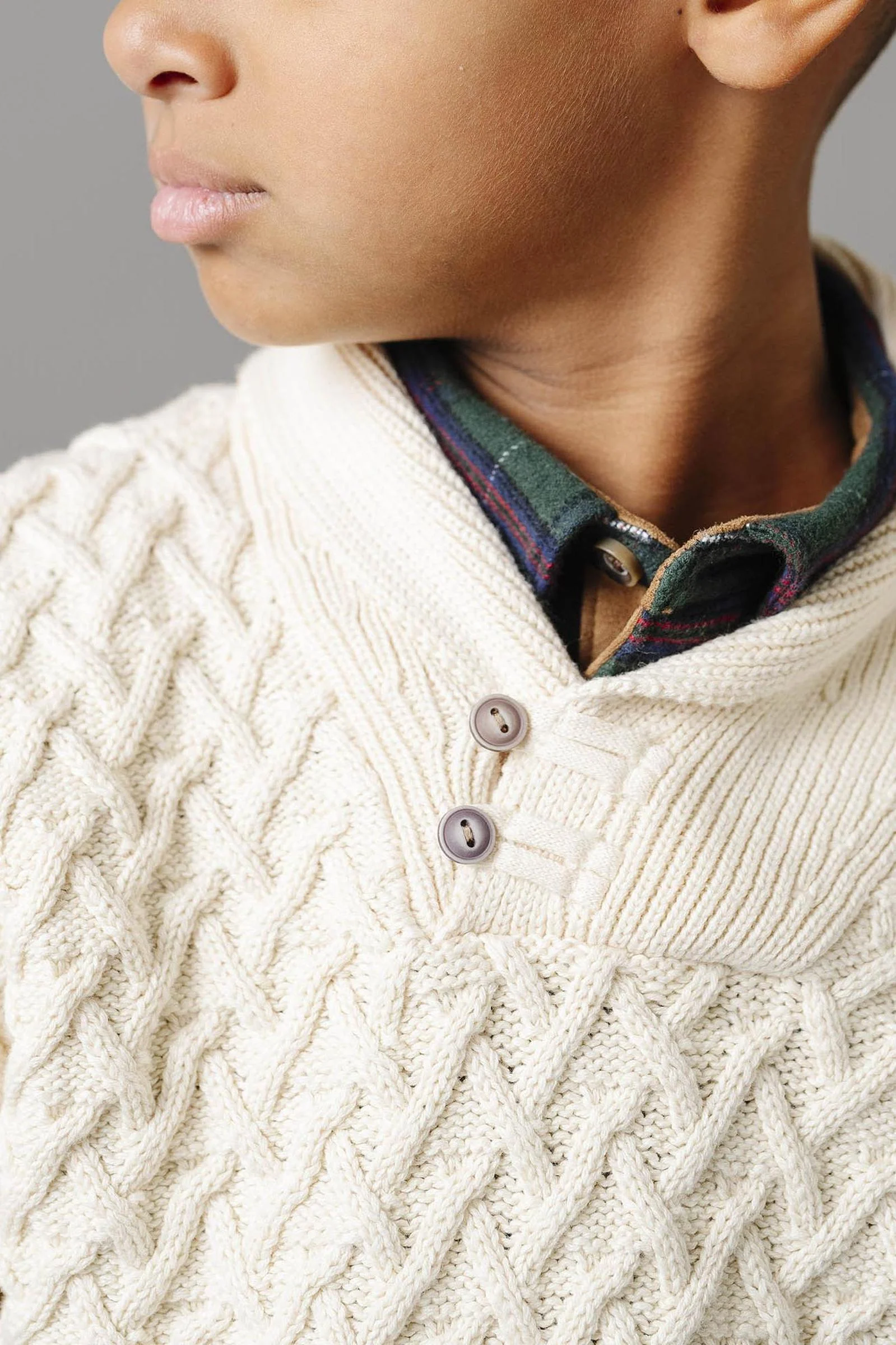 Shawl Collar Organic Cotton Cable Sweater for Boys, Ivory, Sizes 2T-12 - Image 3