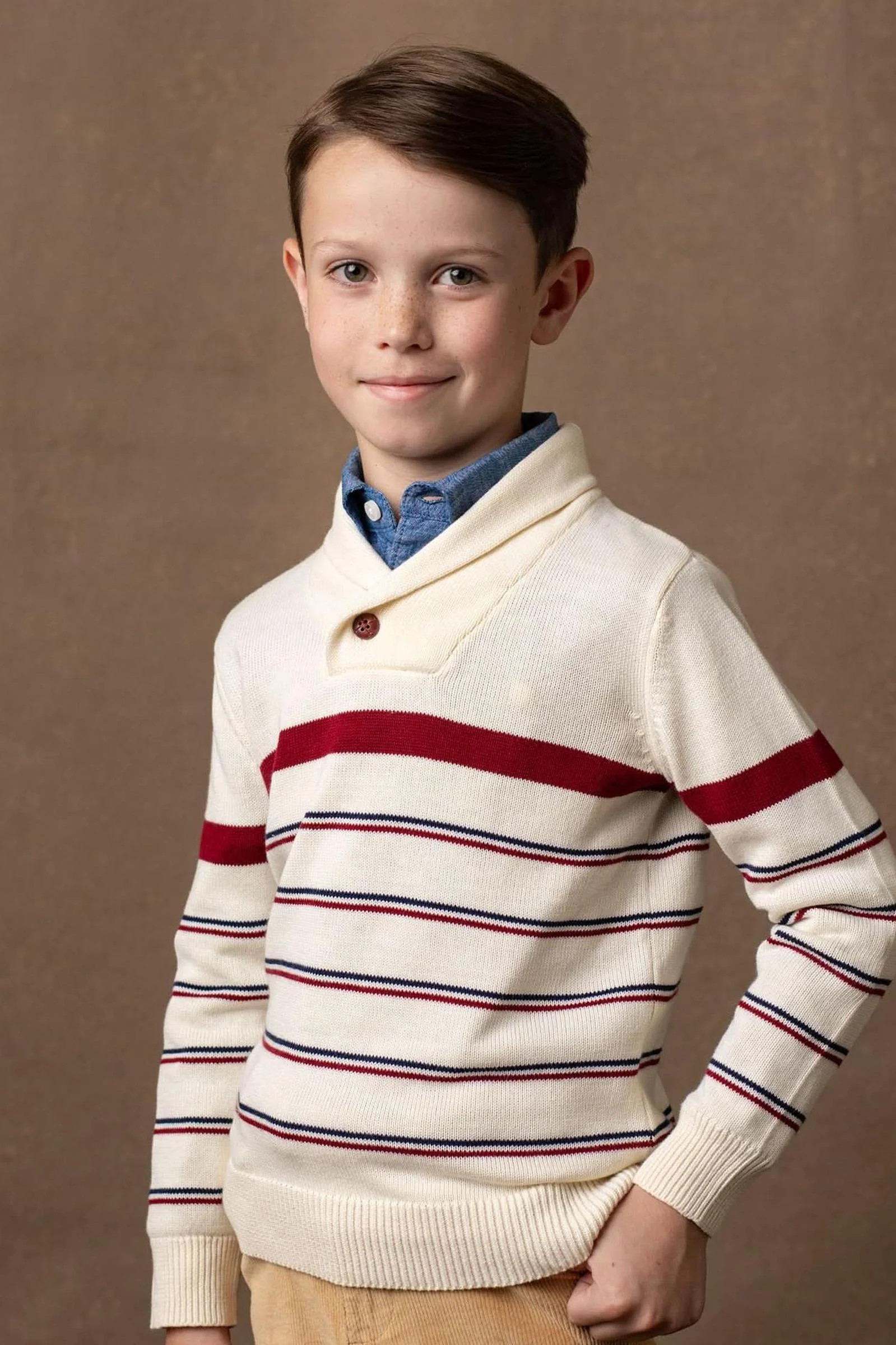 Organic Cotton Shawl Collar Sweater for Boys, Ivory Stripe, Sizes 2-16