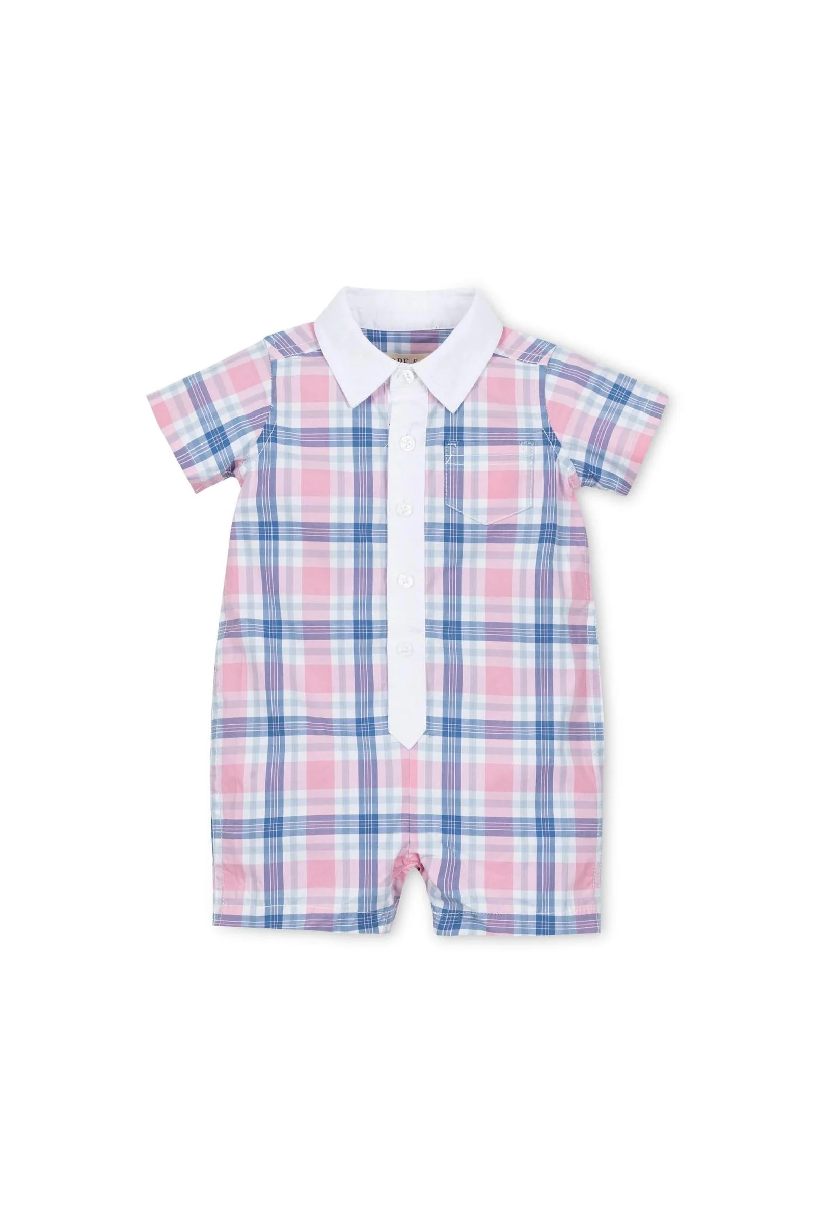 Stretch Organic Cotton Poplin Button Front Romper, Fresh Pink and Blue Plaid, Baby - Image 2