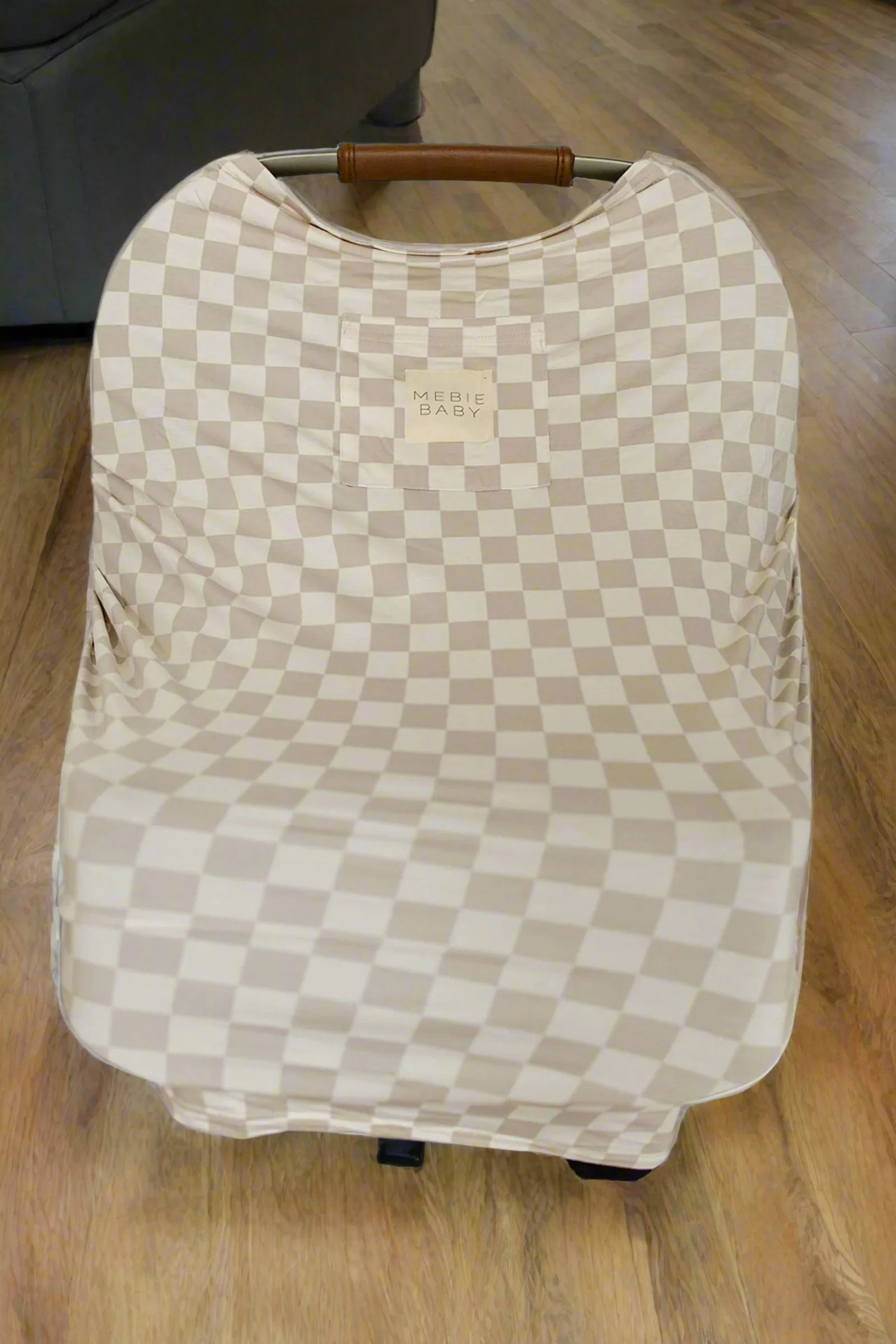 Taupe Checkered Multi-Use, Bamboo, Car Seat & Nursing Cover, Gender Neutral, Baby - Image 2