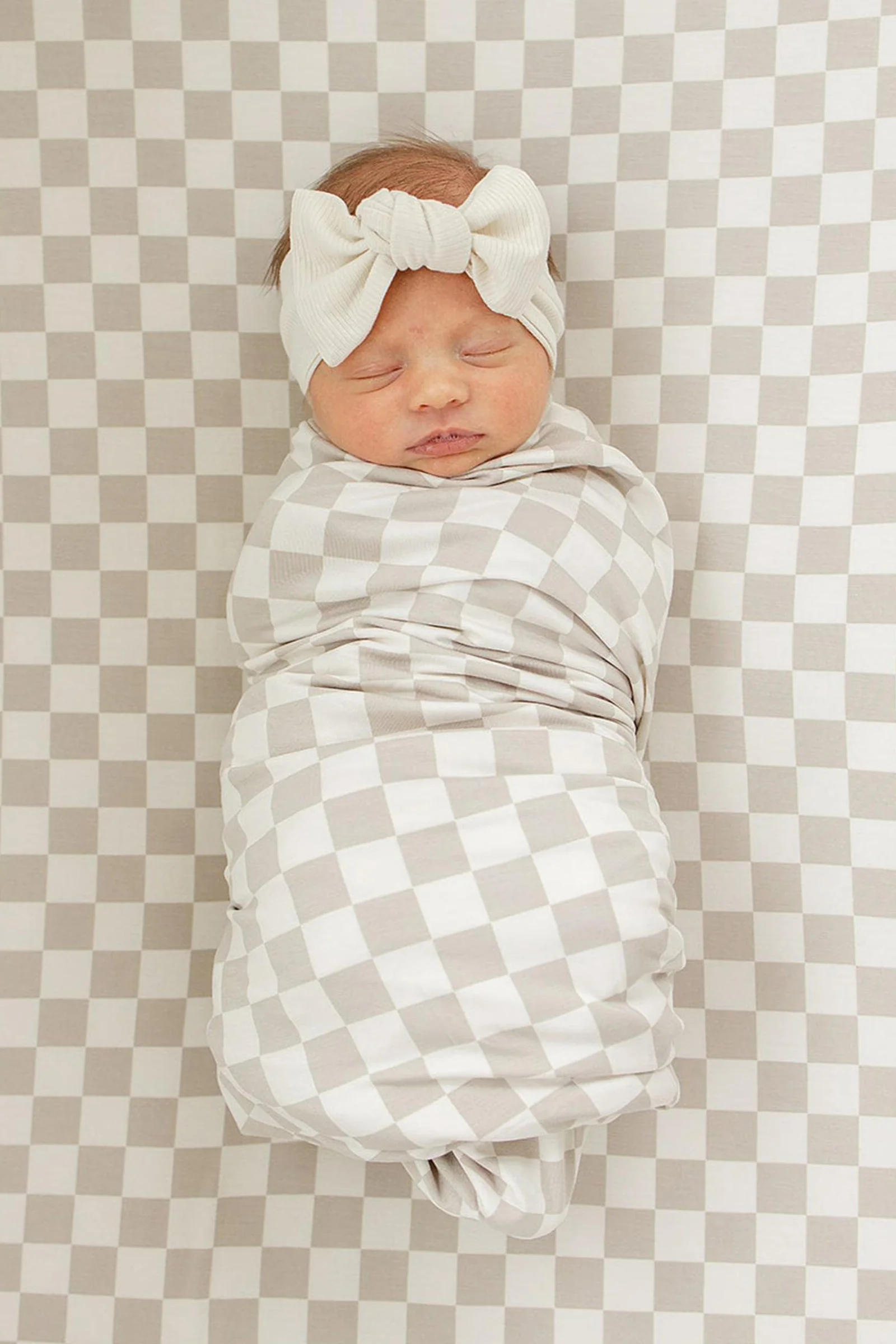 Taupe Checkered Stretch Crib Sheet, Bamboo, Baby Essentials - Image 5