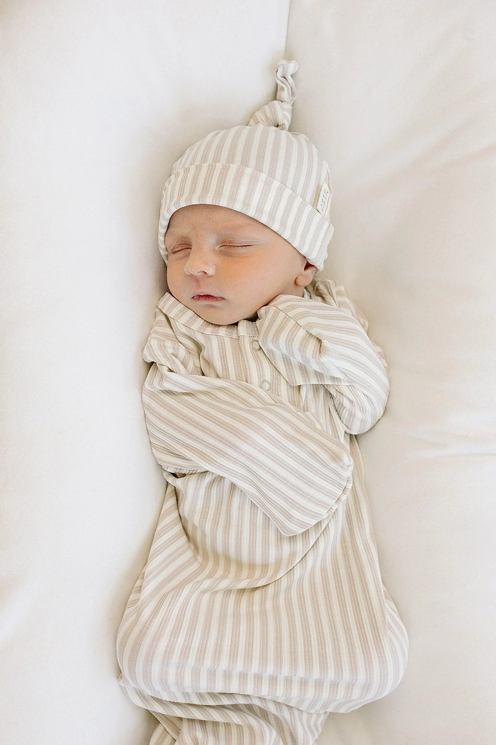 Taupe Stripe Ribbed Newborn Knot Hat, Bamboo, Baby Essentials - Image 3