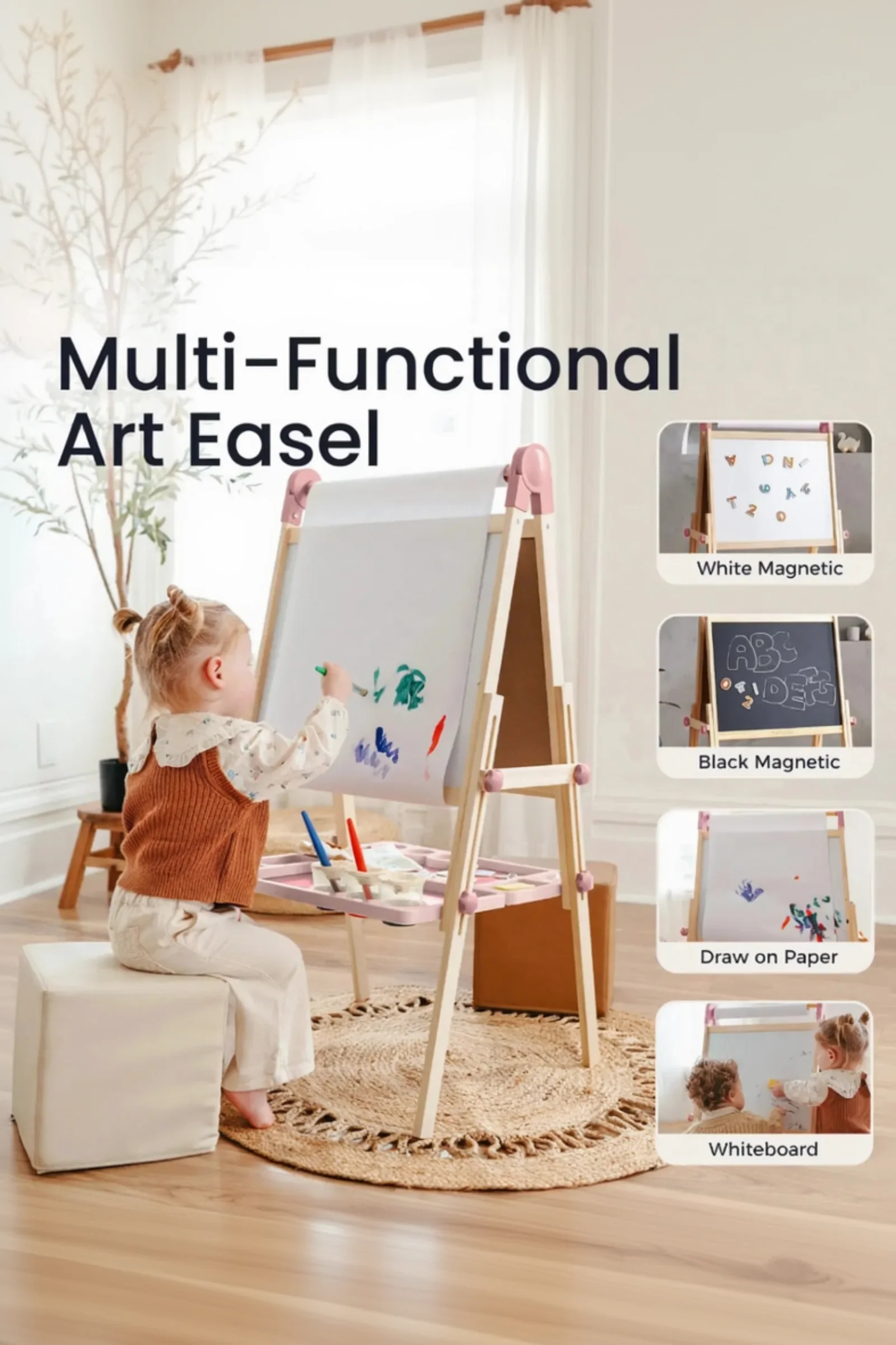 Pink Adjustable Art Easel for Kids, Magnetic Chalkboard, Whiteboard + 3 Paper Rolls - Image 5