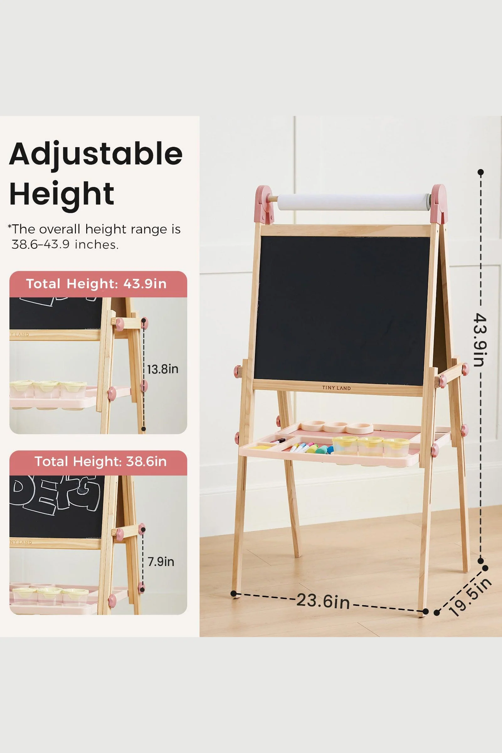 Pink Adjustable Art Easel for Kids, Magnetic Chalkboard, Whiteboard + 3 Paper Rolls - Image 8