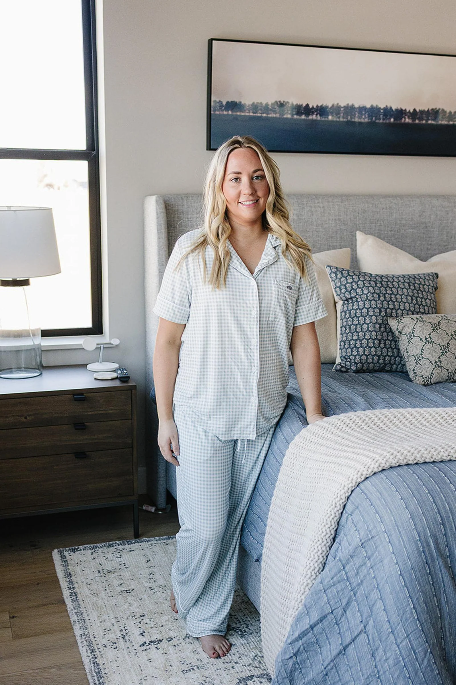 Women's Light Blue Gingham Pajama Set, Bamboo - Image 4
