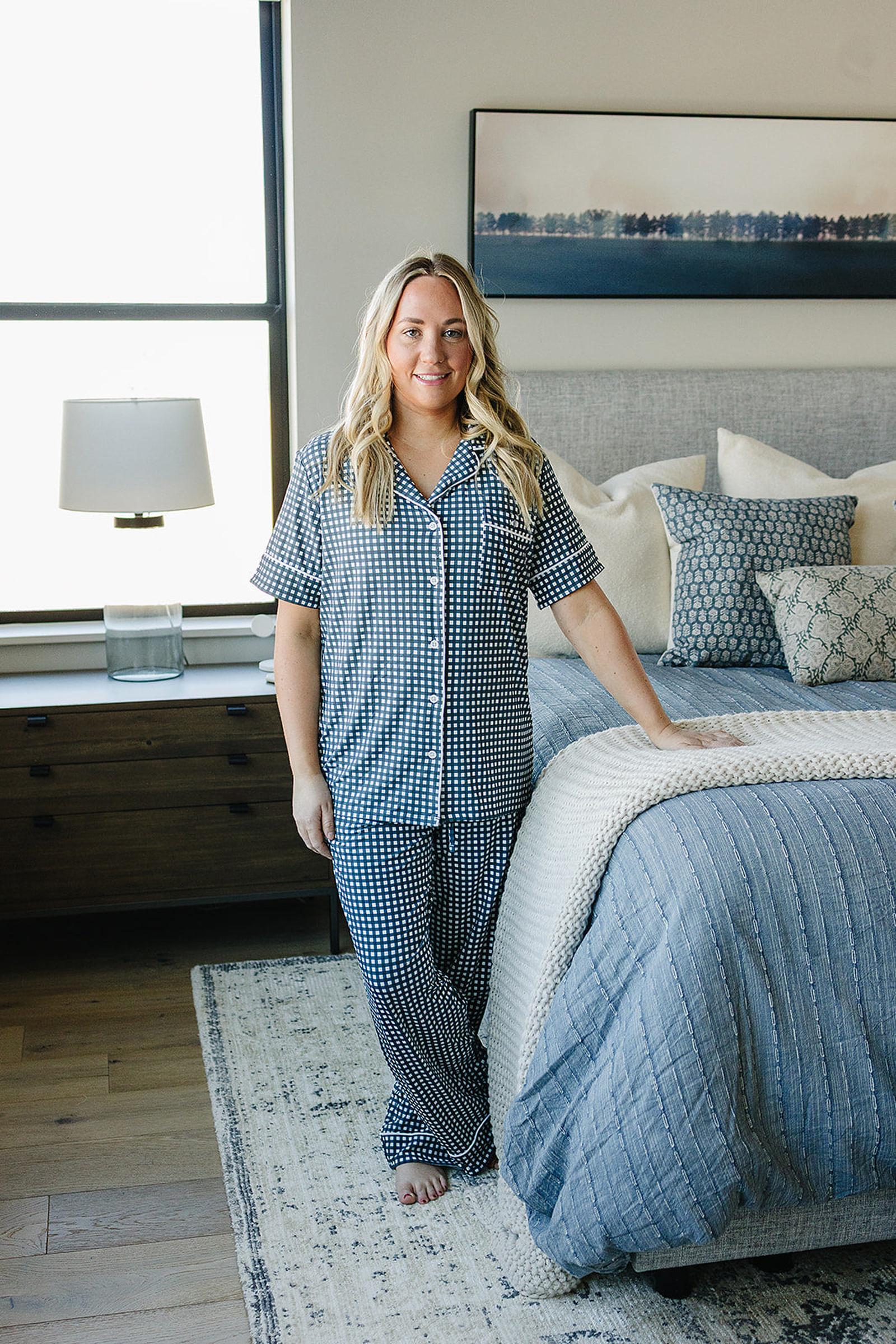 Women's Navy Gingham Pajama Set, Bamboo - Image 3