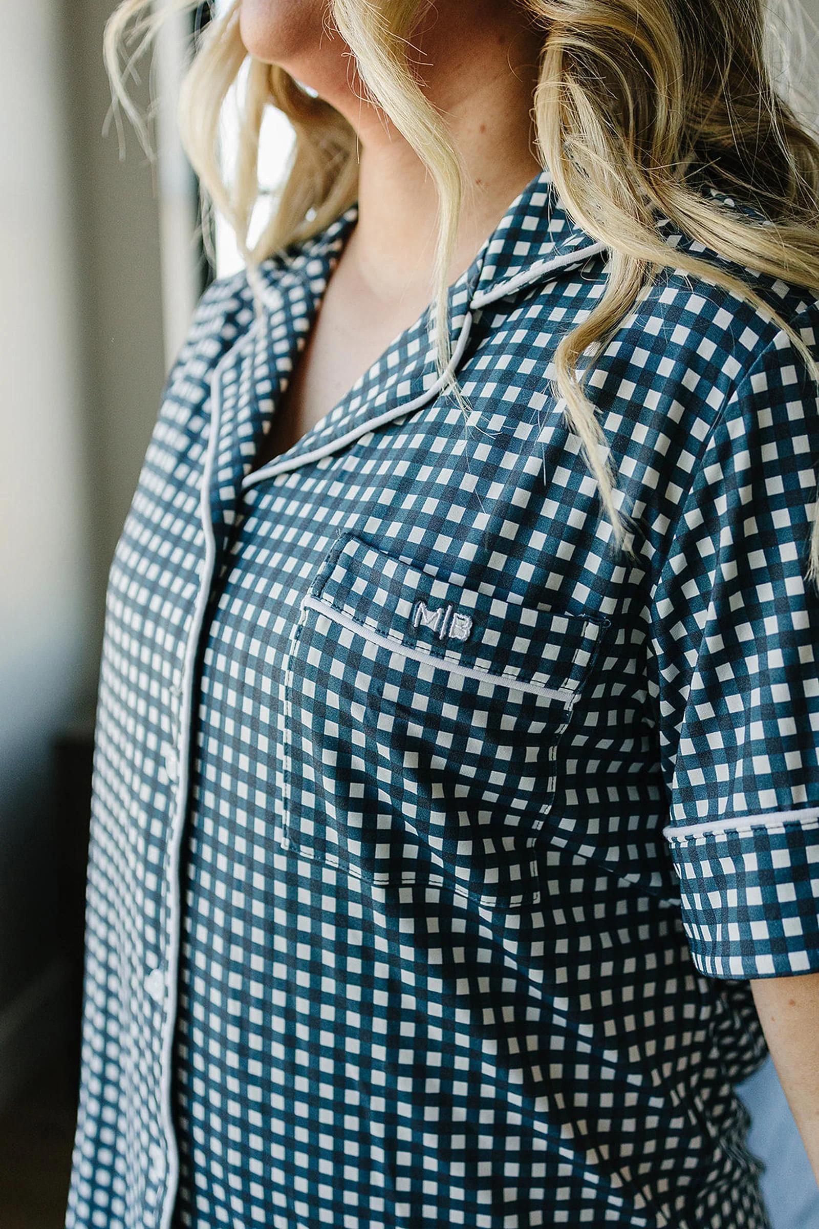 Women's Navy Gingham Pajama Set, Bamboo - Image 4